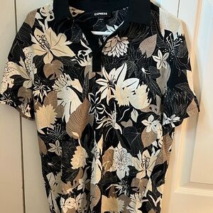 Express Men's Black and Tan Floral Polo